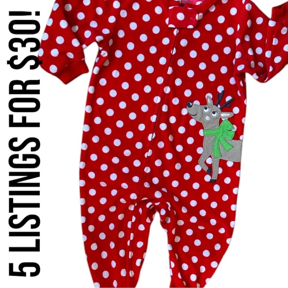 Carter’s Reindeer Zip Footies Red White Polka Dot One Piece Baby Girl 12 Months